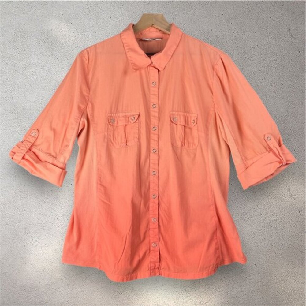 Style&Co Ombre Button Up Blouse Women’s M Short Sleeve Orange Boho Beachy Light